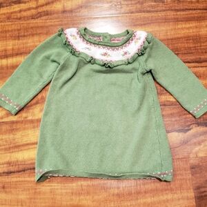 Janie & Jack EUC 12-18 months green fair isle sweater dress w/ floral embroidery